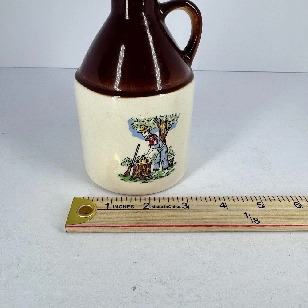 Vintage Mini Stoneware Maple Syrup Jug Cork Stopper Brown Cream‎ USA Pottery